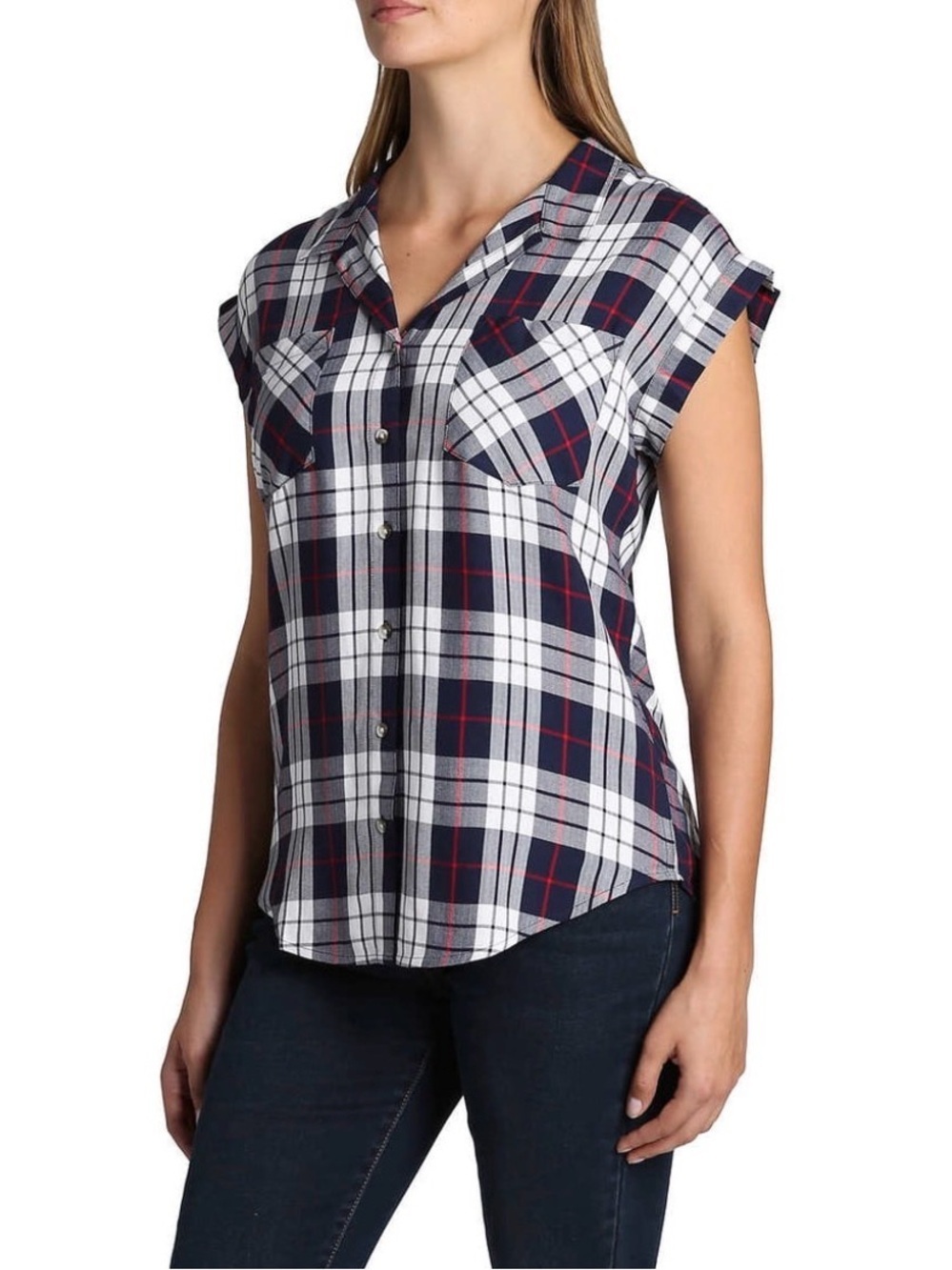 Jachs Girlfriend Navy White Red Plaid Cap Sleeve Button-Down Top -Sz XL